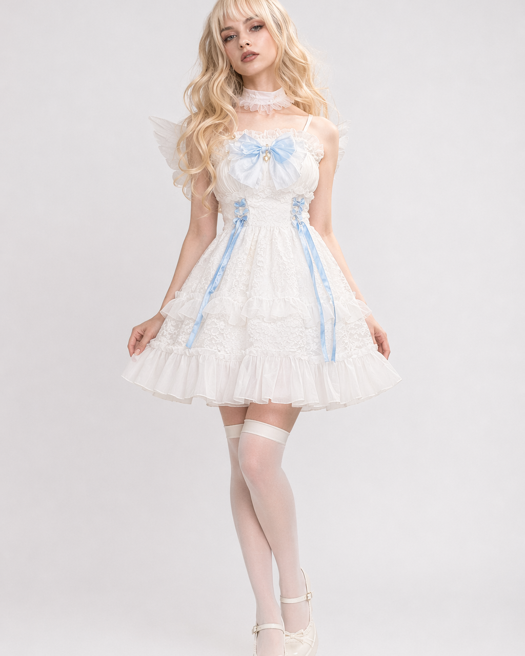 Ethereal Princess Lace Dress with Ruffles and Bows White Blue