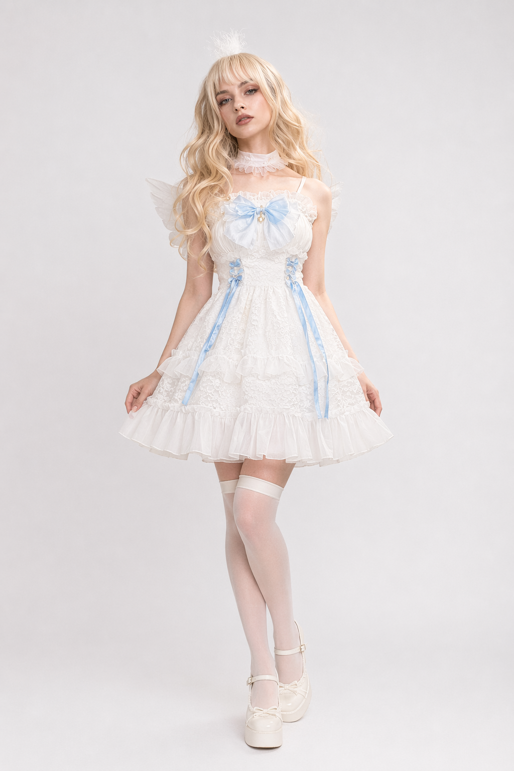 Ethereal Princess Lace Dress with Ruffles and Bows White Blue