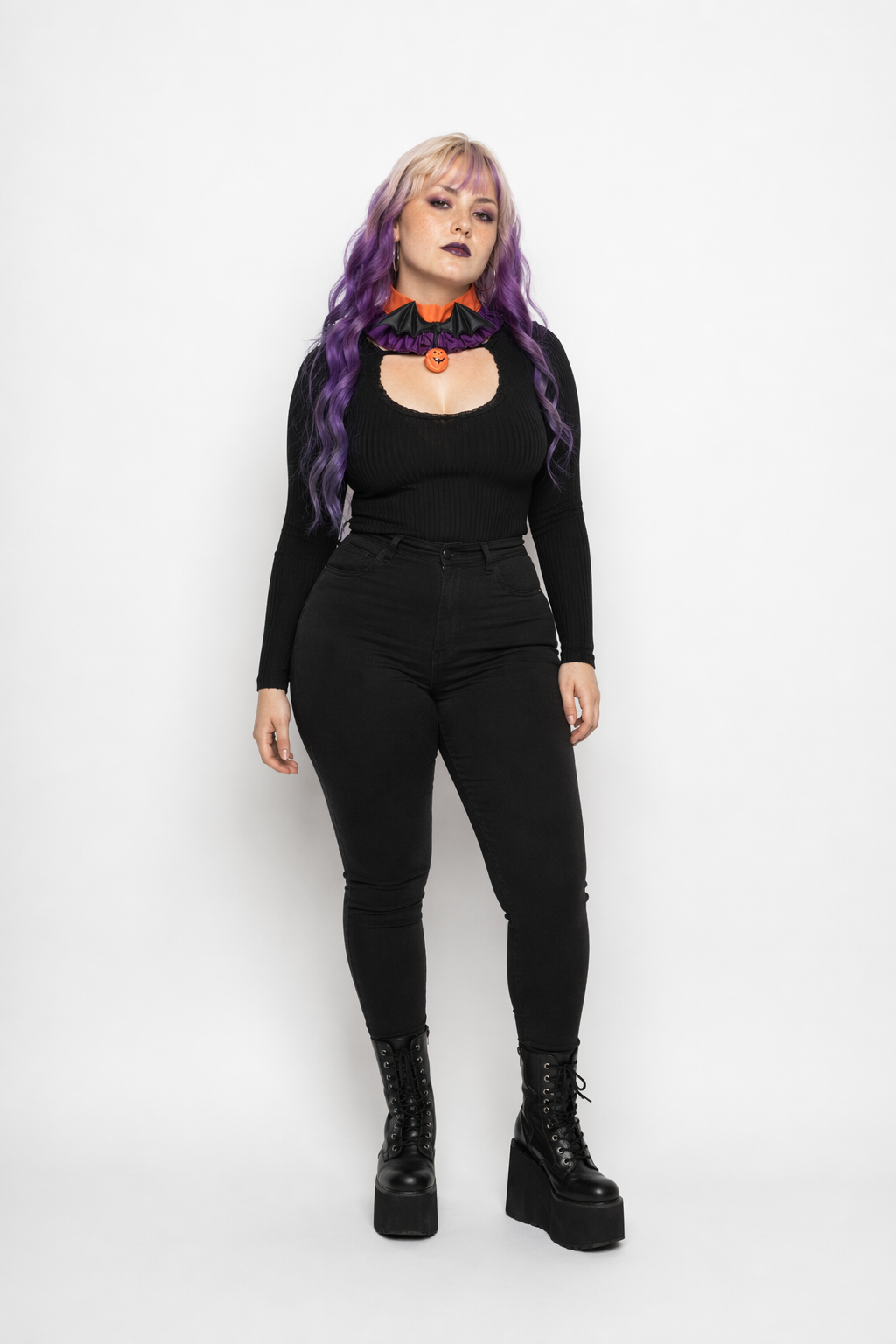 Bold Black and Purple Halloween Chokers with Pumpkins and Bat Wings Orange Purple Ruffles