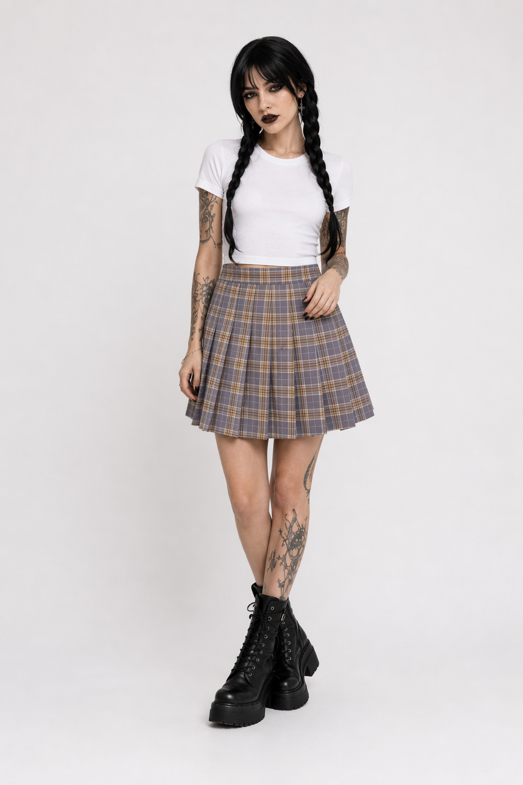 Plaid and Solid Color School Girl Skirt in Plus Sizes Org InStock 40cm Length Gray