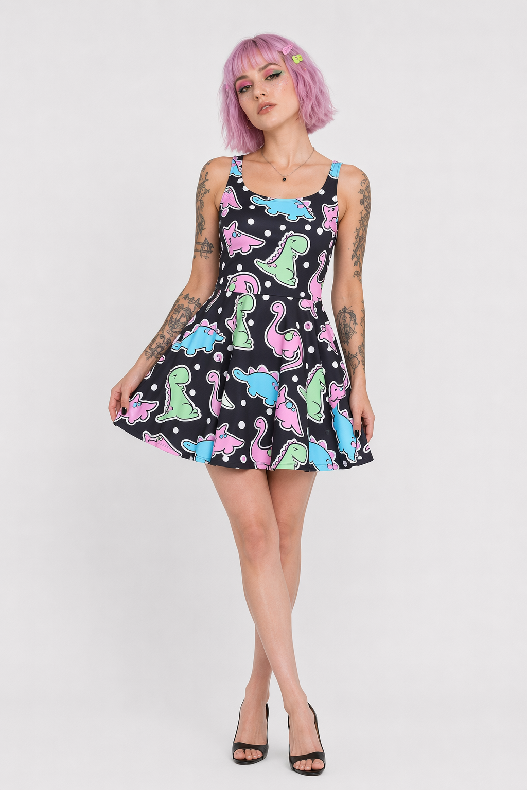 Kidcore Dinosaur Skater Dress in 3D Screen Print S