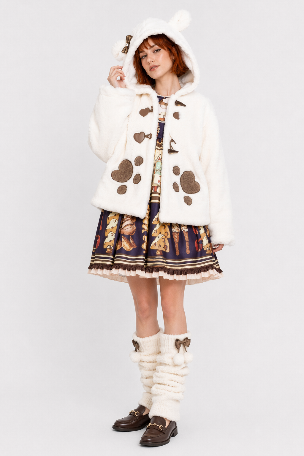 Cozy Faux-Fur Paw Print Winter Coat for Kids Brown
