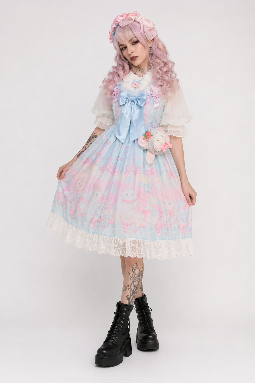 Pastel Kitten Themed Lolita Dress for Playful Princesses Blue Dress