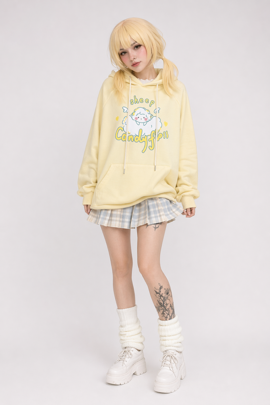 Kawaii Pastel Yellow Baby Sheep Hoodie with Angel Wings L