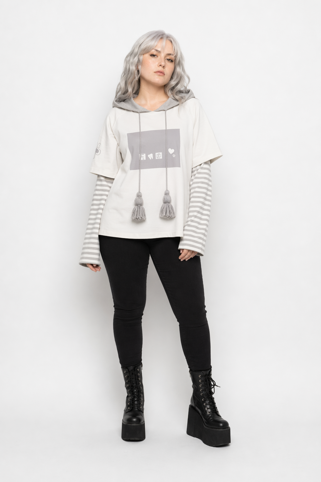 Cute Grey Baby Hoodie with Striped Layered Sleeves Default Title