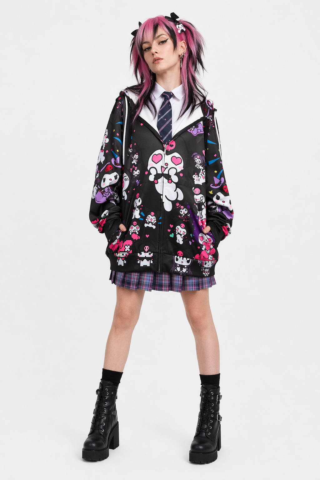 Pastel Goth Kuromi Inspired Long Sleeve Zip-Up Hoodie Black