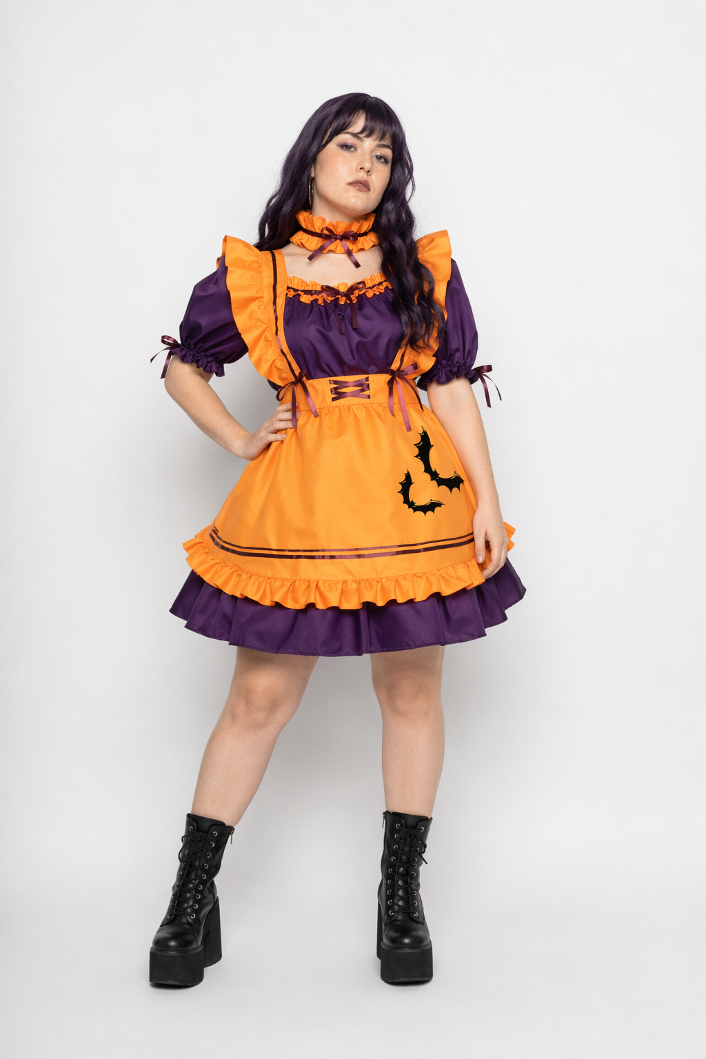 Black and Eggplant Purple Halloween Inspired Maid Lolita Dress 47cm Width L