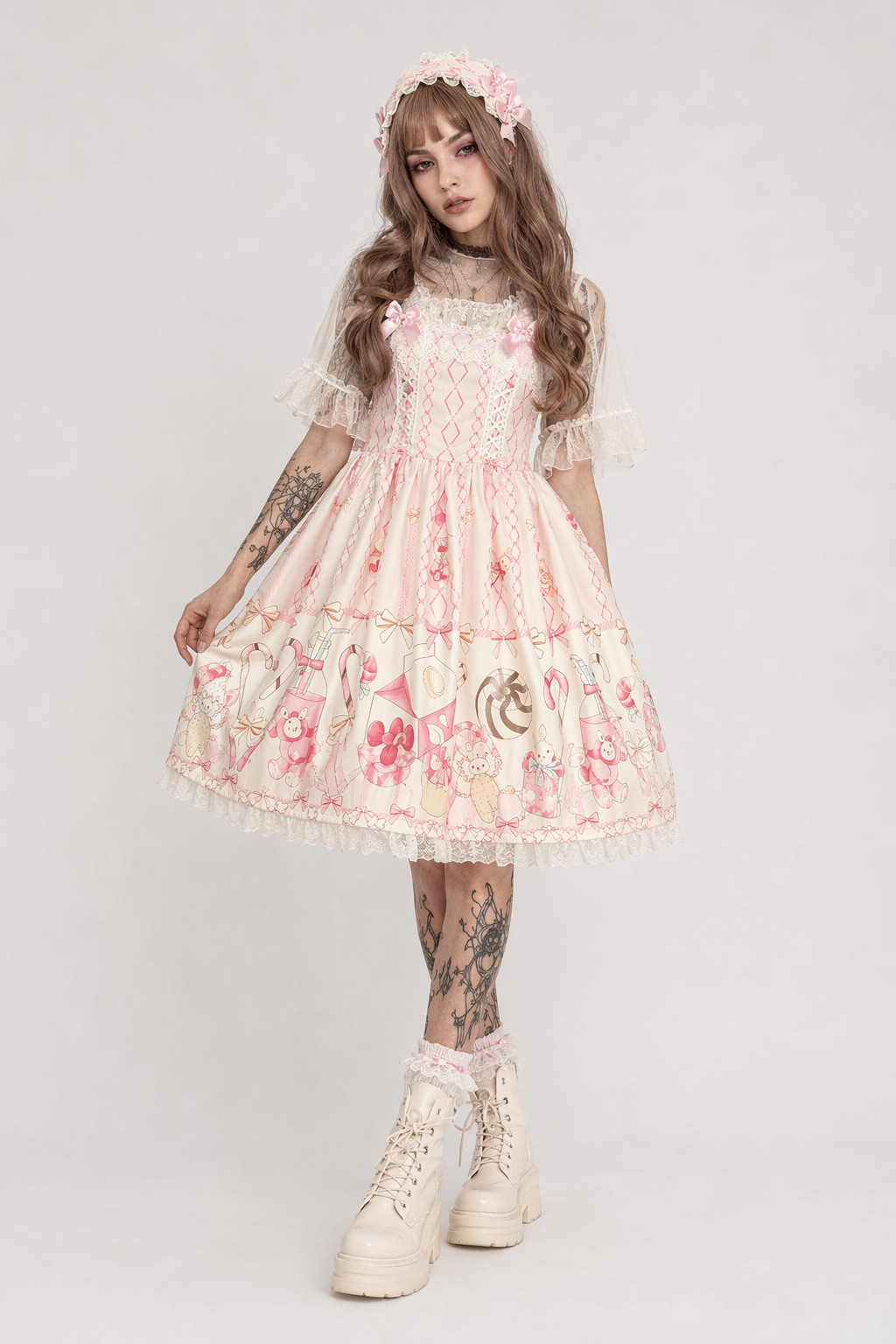 Fairy Kei Inspired Sweet Lolita Dress with Lace and Tulle Details Beige Dress Only
