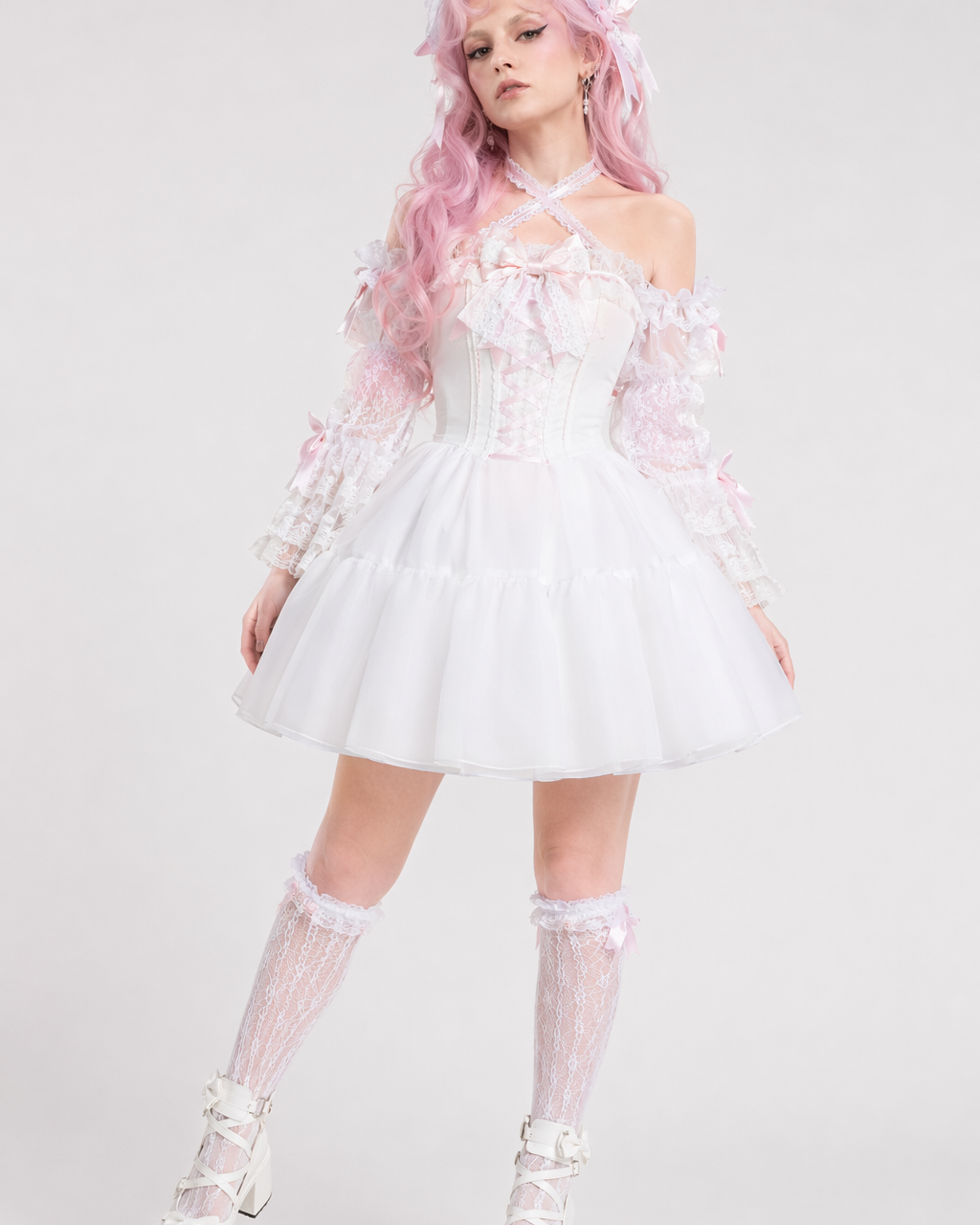 Ethereal Princess Lace Dress with Ruffles and Bows 45cm Petticoat
