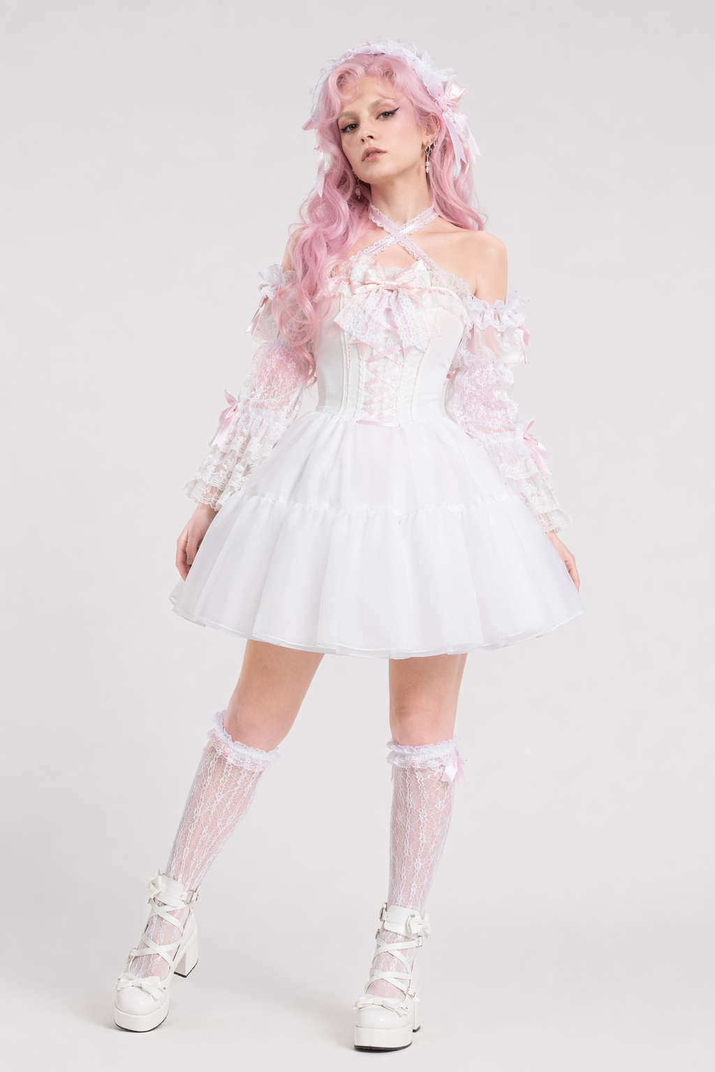 Ethereal Princess Lace Dress with Ruffles and Bows 45cm Petticoat