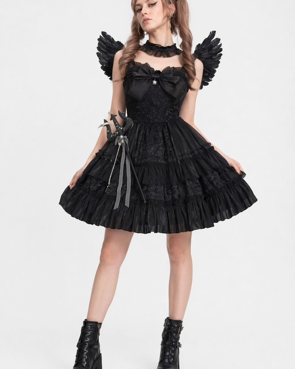 Ethereal Princess Lace Dress with Ruffles and Bows All Black