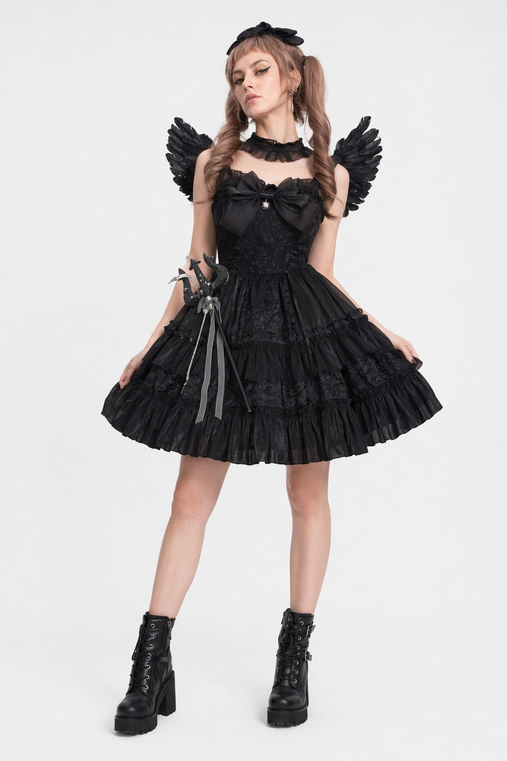 Ethereal Princess Lace Dress with Ruffles and Bows All Black