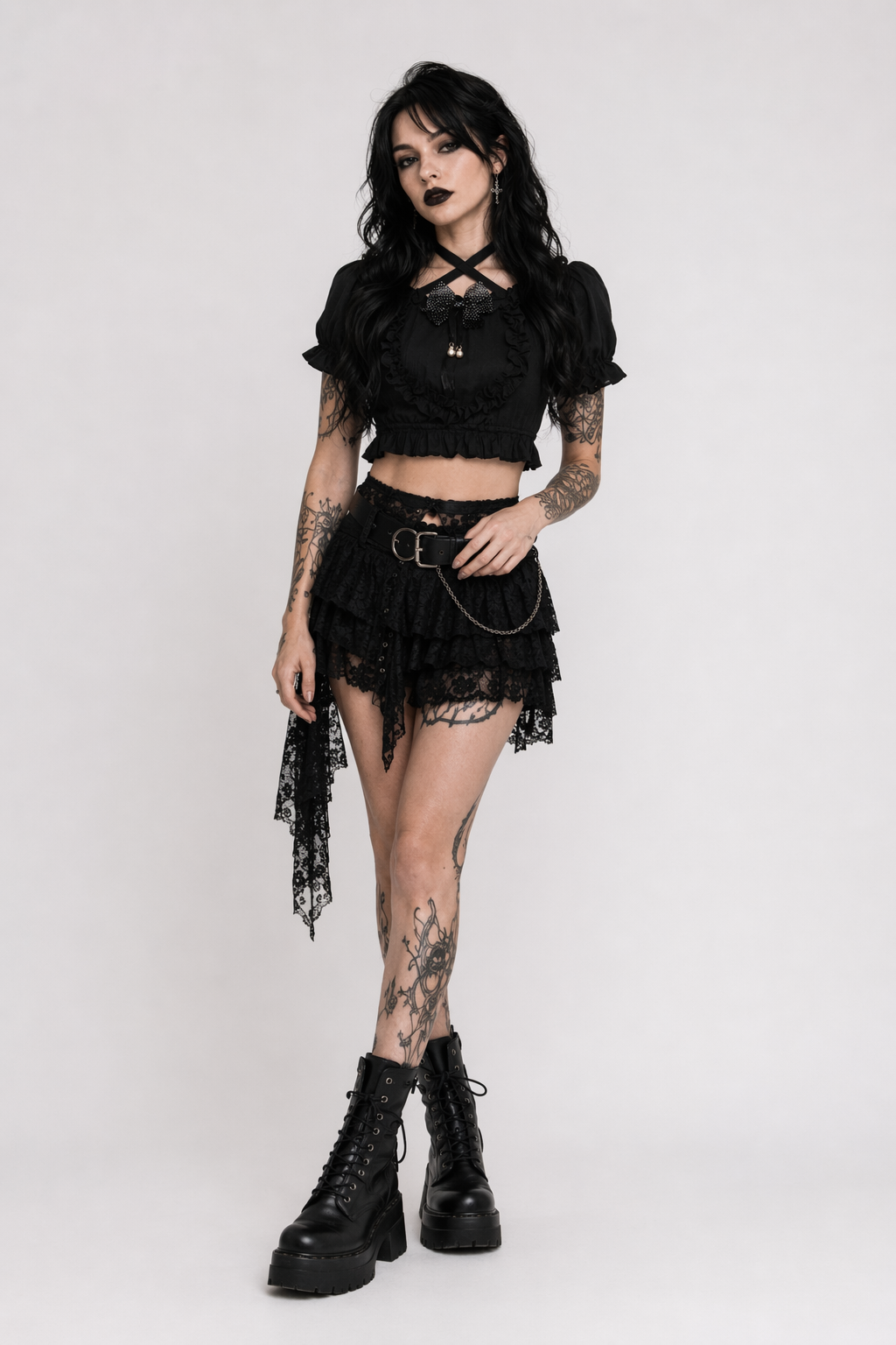 Victorian Era Regal Bow Cropped Blouse with Elegant Details Black Blouse