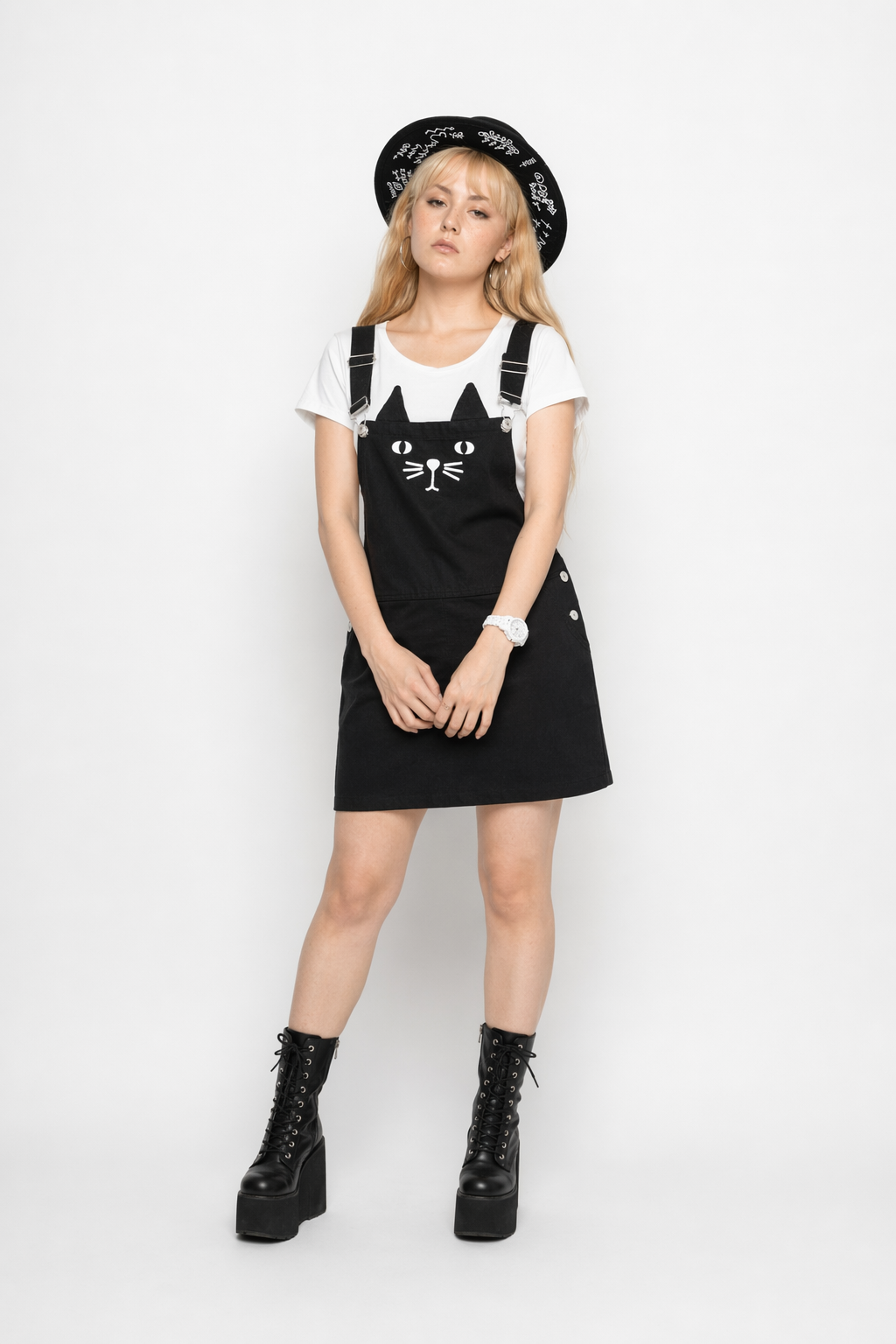Adorable Black Jean Romper with Neko Cat Face Design M