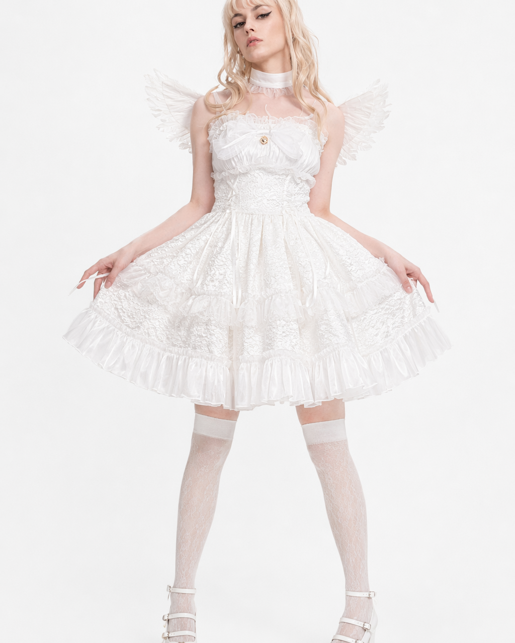 Ethereal Princess Lace Dress with Ruffles and Bows All White