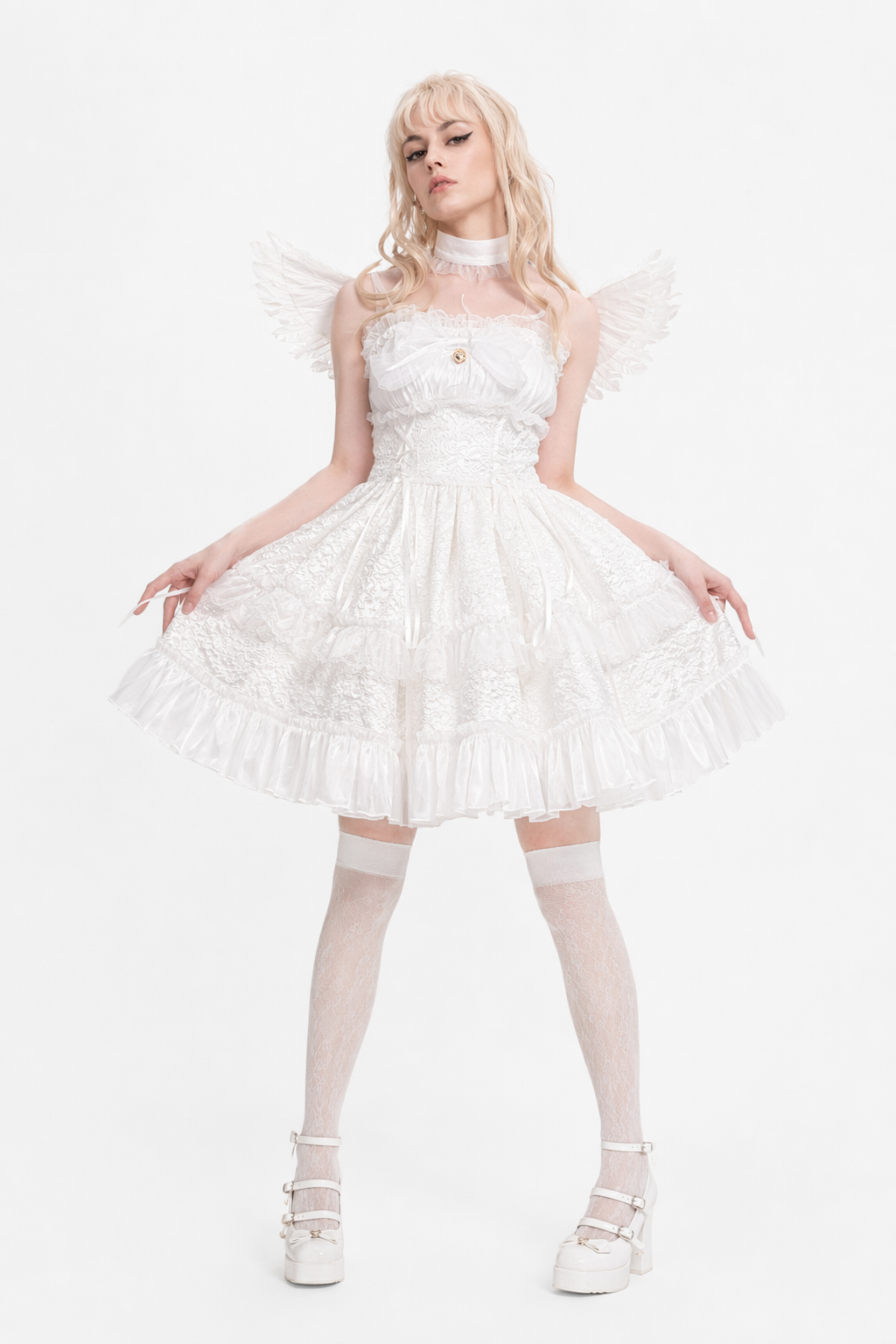 Ethereal Princess Lace Dress with Ruffles and Bows All White