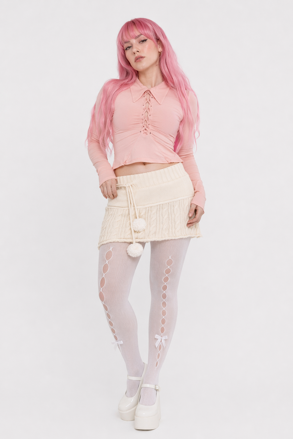 Knit Beige Pompom Skirt for Angelcore and Fairycore Styles M