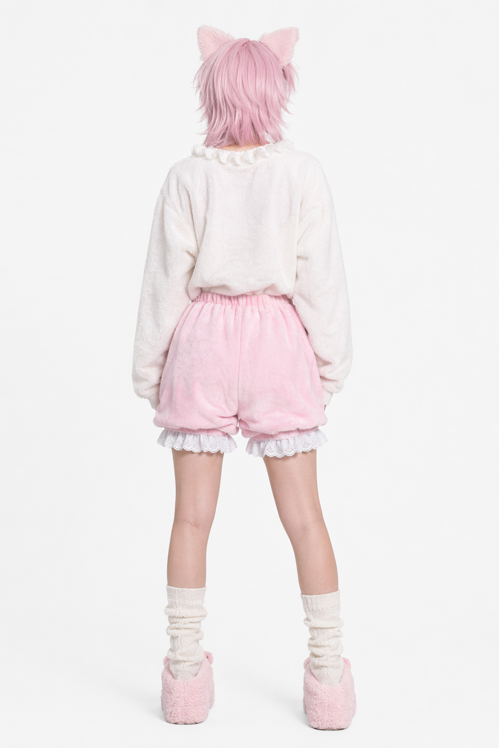 Kawaii Furry Bloomer Shorts with Ribbons and Ruffles Pink Lace