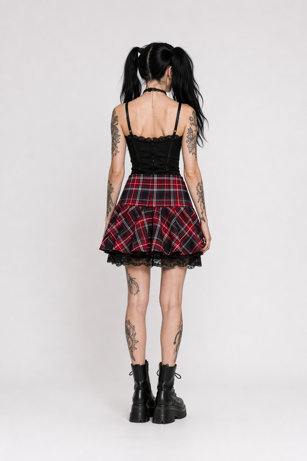 Tartan Plaid School Girl Skirt with Frilly Lace Layer Black