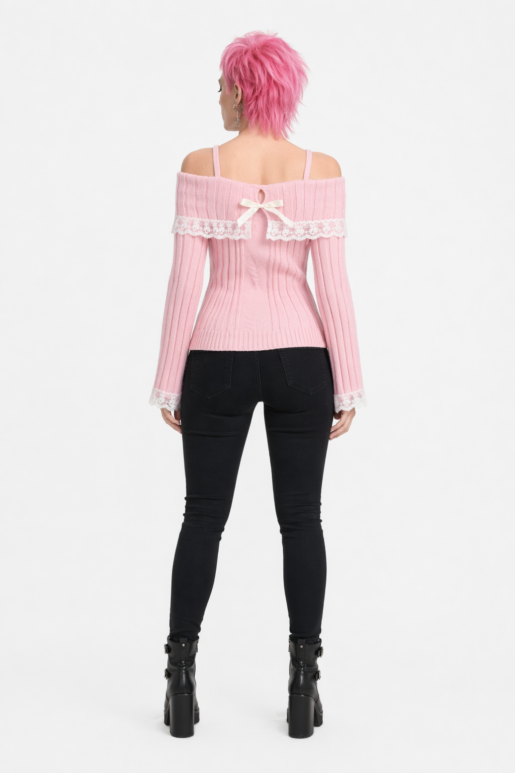 Pink Knit Princess Sweater with Off-the-Shoulder Design and Accents Pink