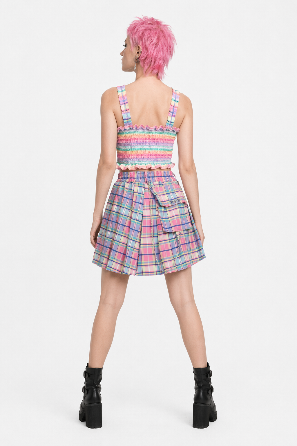 Bubblegum Rainbow Plaid Skirt with Cargo Pocket and Stretchy Waistband S