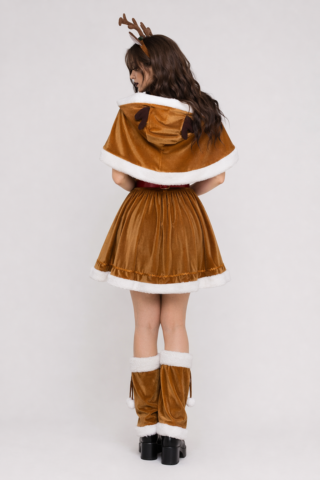 Soft Brown Reindeer-Inspired Holiday Dress and Cosplay Set With Shawl