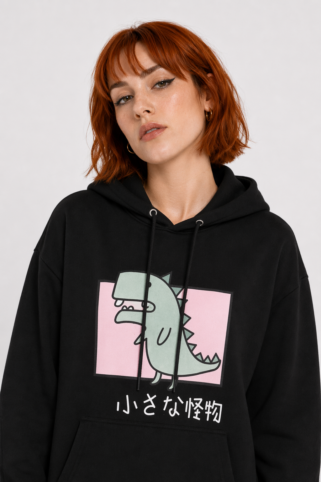 Kawaii Dinosaur Hoodie in Pastel Colors with Cute Japanese Writing Black