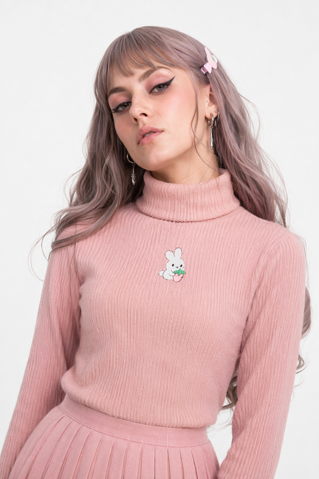 Cozy Baby Strawberry Bunny Turtleneck Sweater Peach