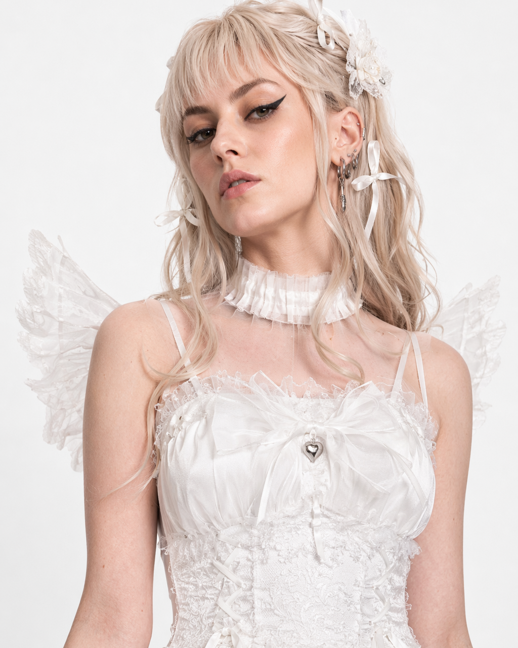 Ethereal Princess Lace Dress with Ruffles and Bows All White