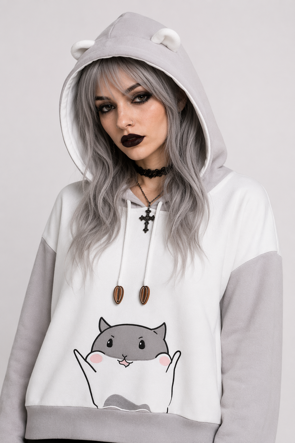 Cat-Eared Hamster Hoodie with Sunflower Seeds for Kawaii Fashion Gray