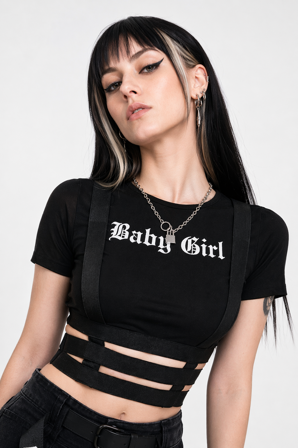 Black Baby Girl Crop Top with Suspender Harness for Gothic Style L