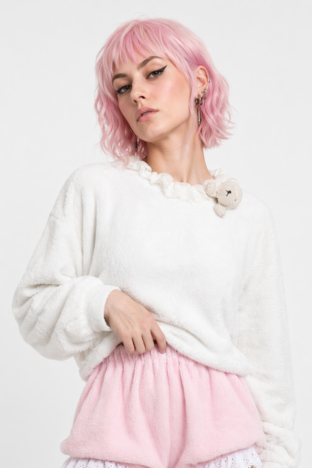 Kawaii Furry Bloomer Shorts with Ribbons and Ruffles Pink Lace