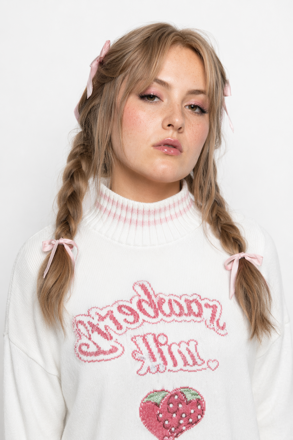 Strawberry Milk Knit Sweater with Hand Embroidery Details White Sweater