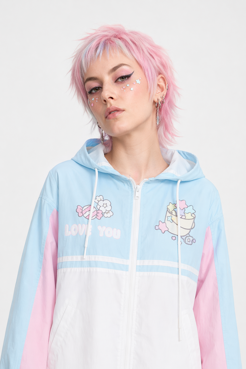 Pastel Love You Windbreaker Coat Inspired by Fairy Kei Fashion Blue