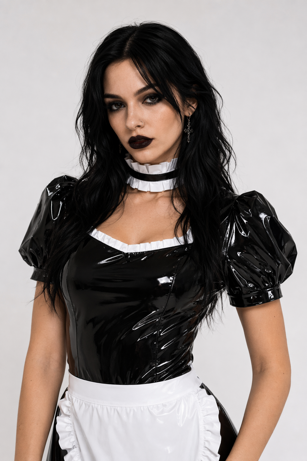 Sassy Latex Bodysuit with White Ruffled Apron Trim M