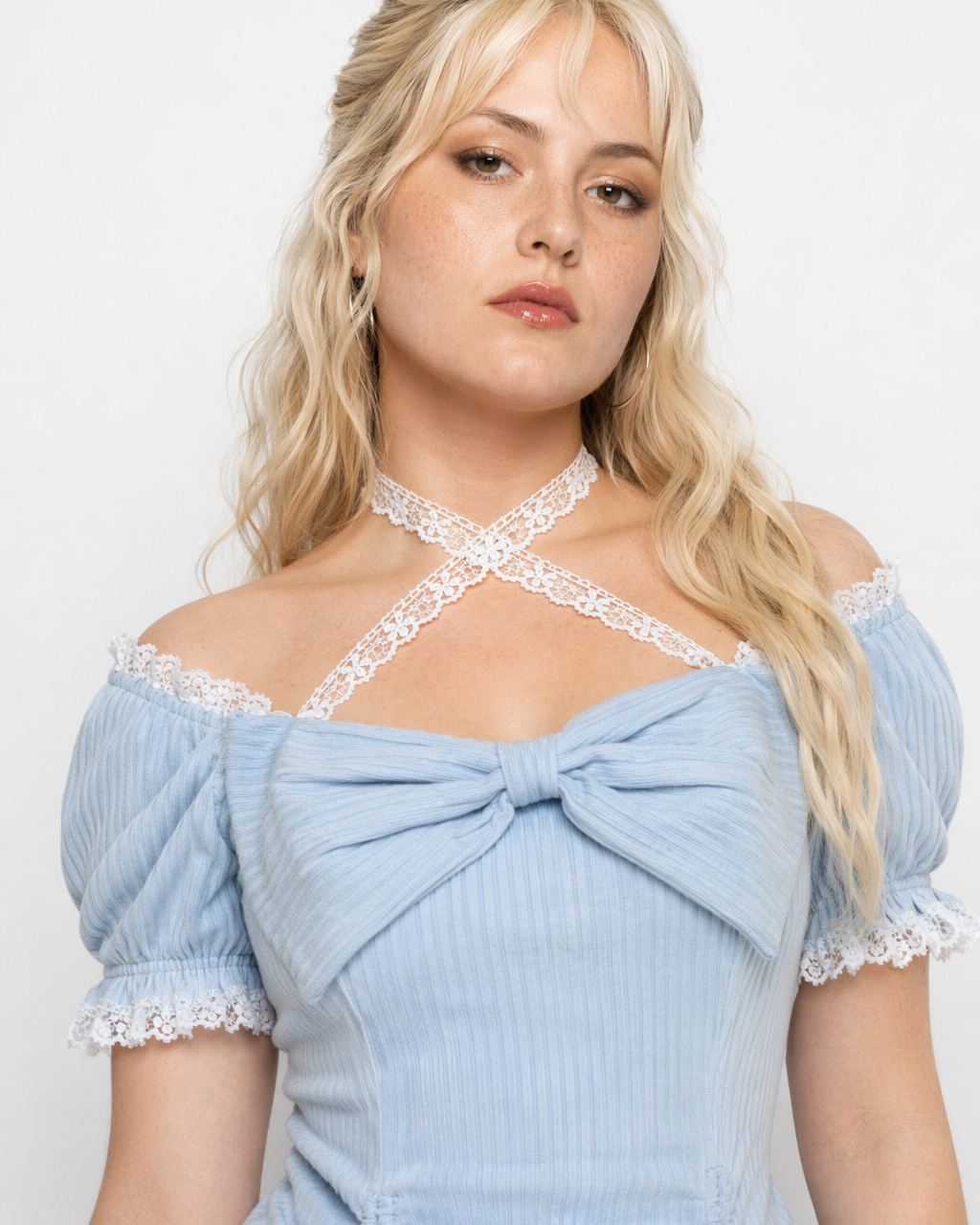 Baby Blue Lace Embellished Sweater Dress with Ruffled Trim L