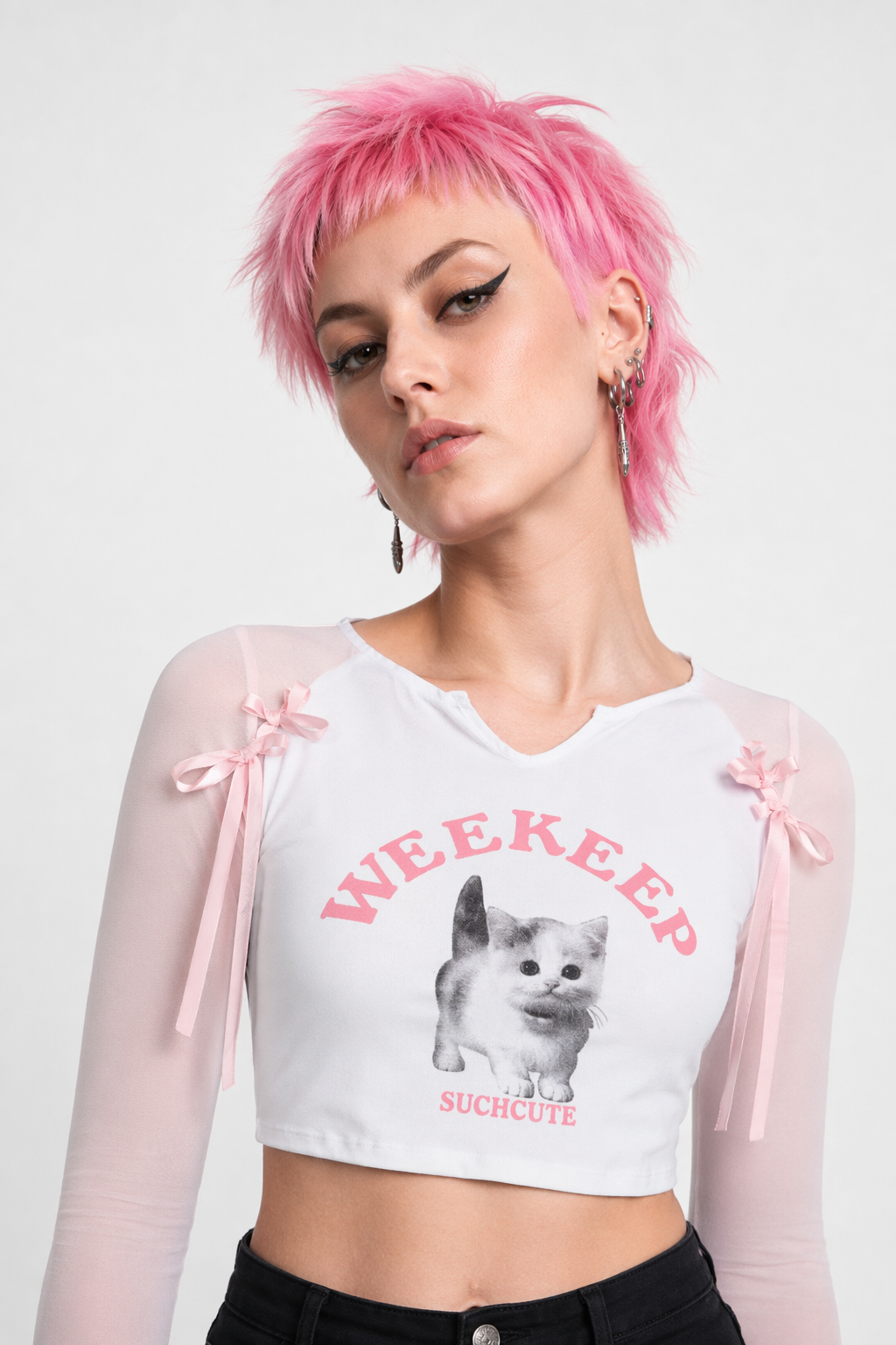 Pink Kitten Long Sleeve Crop Top for Angelcore and Fairycore Styles S