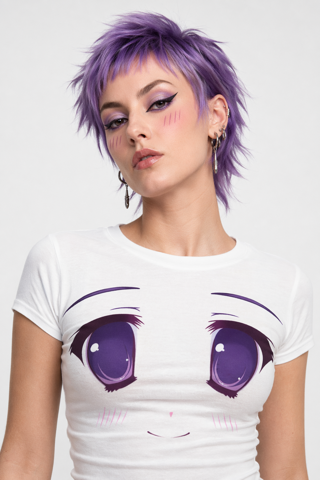 Kawaii Anime Face T-Shirts for a Comfy Classic Look Purple Innocent Eyes