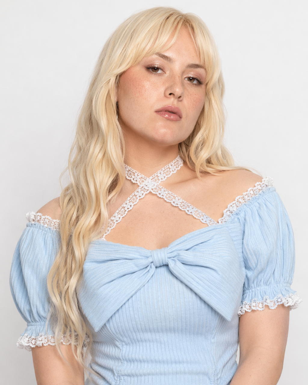 Baby Blue Lace Embellished Sweater Dress with Ruffled Trim S