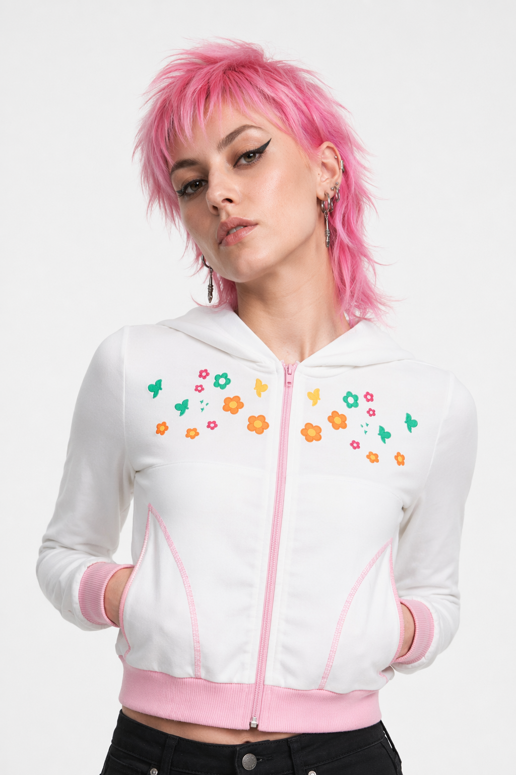 Y2K White Floral Zip Up Jacket with Hooded Design S