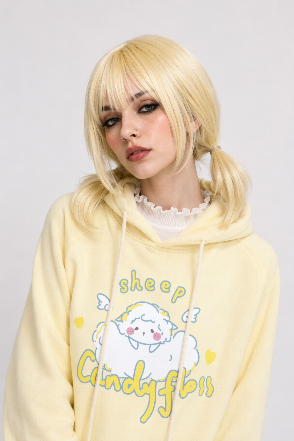 Kawaii Pastel Yellow Baby Sheep Hoodie with Angel Wings L