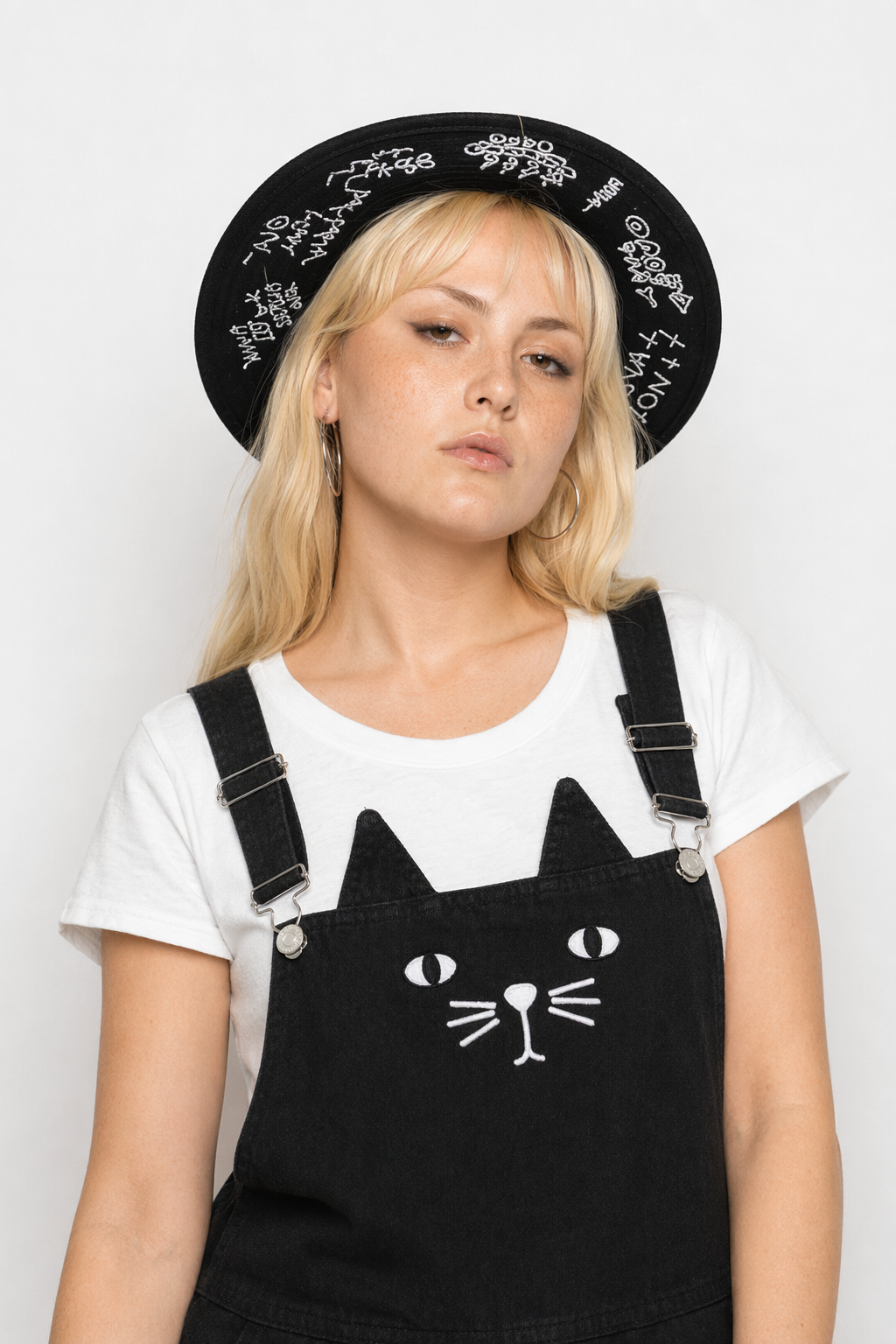 Adorable Black Jean Romper with Neko Cat Face Design L