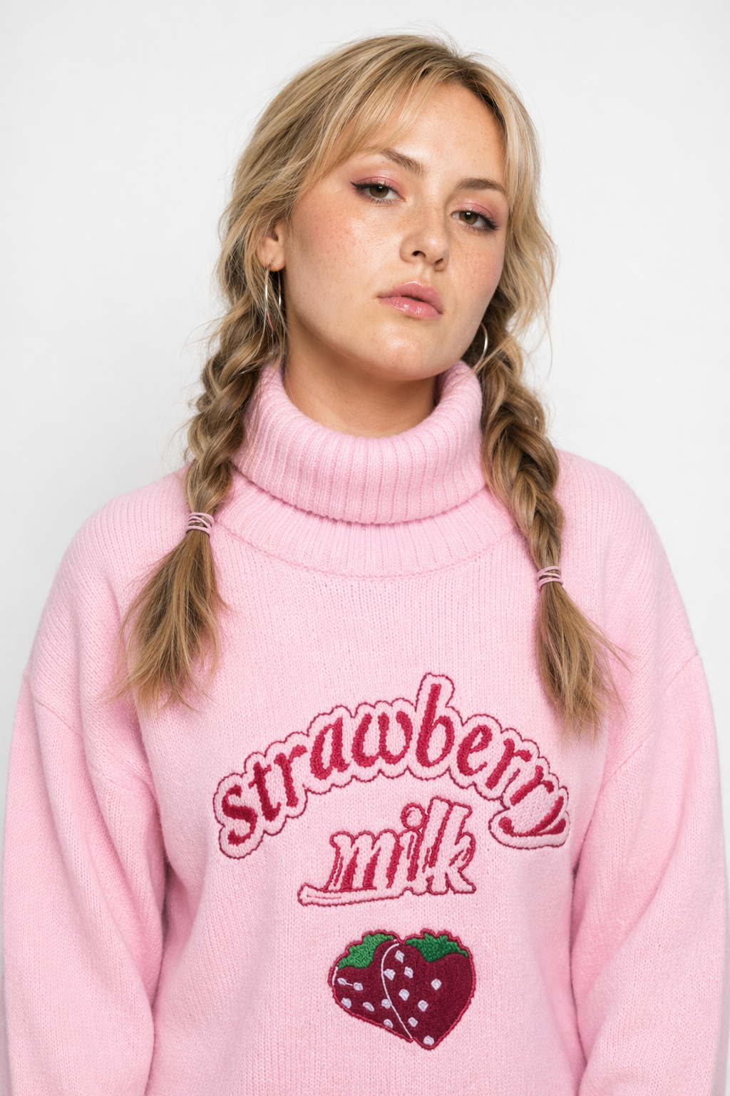 Strawberry Milk Knit Sweater with Hand Embroidery Details Pink Sweater