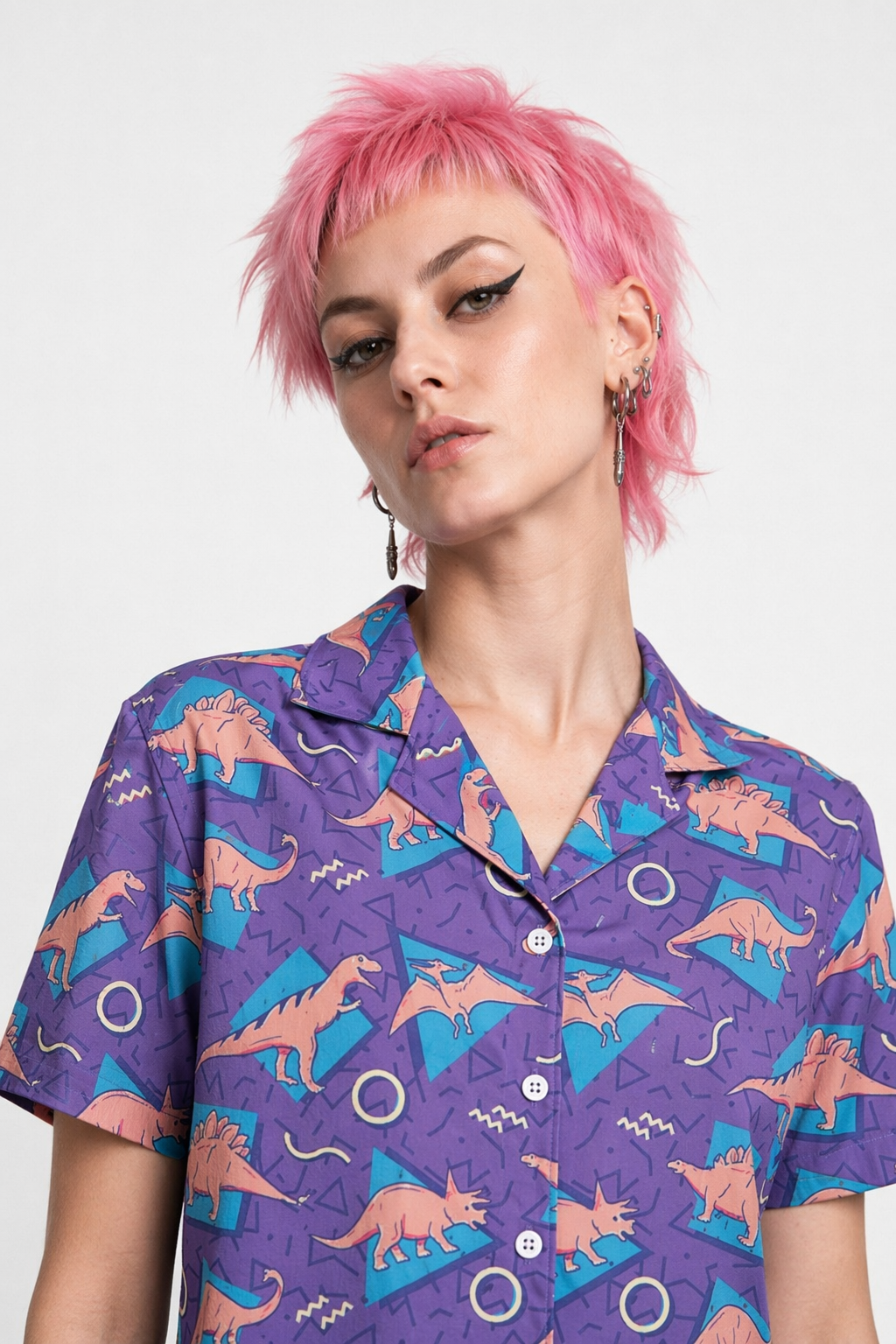Purple and Blue Dinosaur Button Up Retro 90s Dino Tee XL