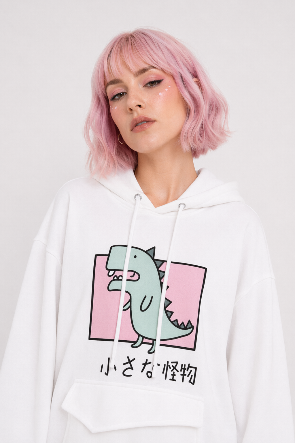 Kawaii Dinosaur Hoodie in Pastel Colors with Cute Japanese Writing White