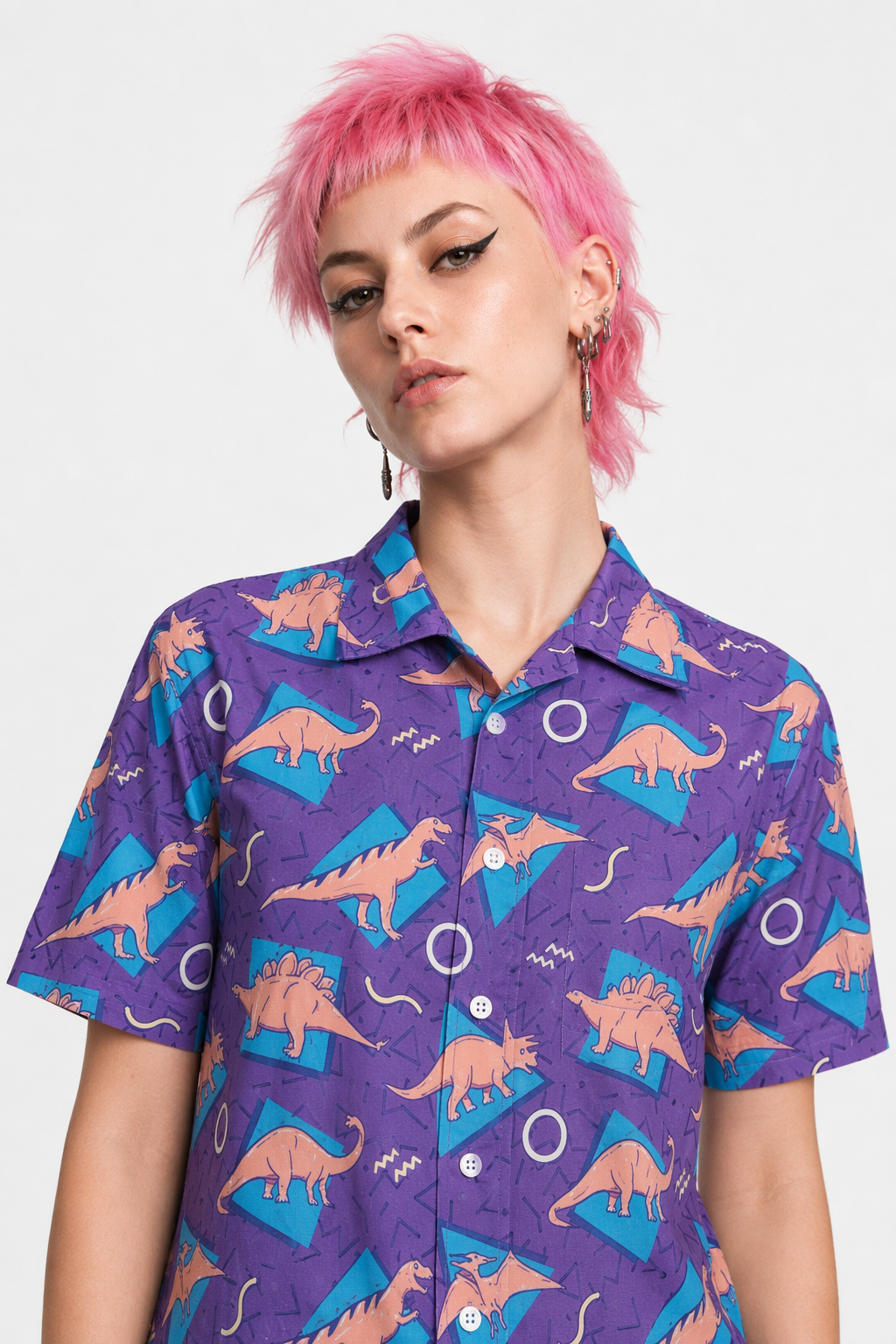 Purple and Blue Dinosaur Button Up Retro 90s Dino Tee S