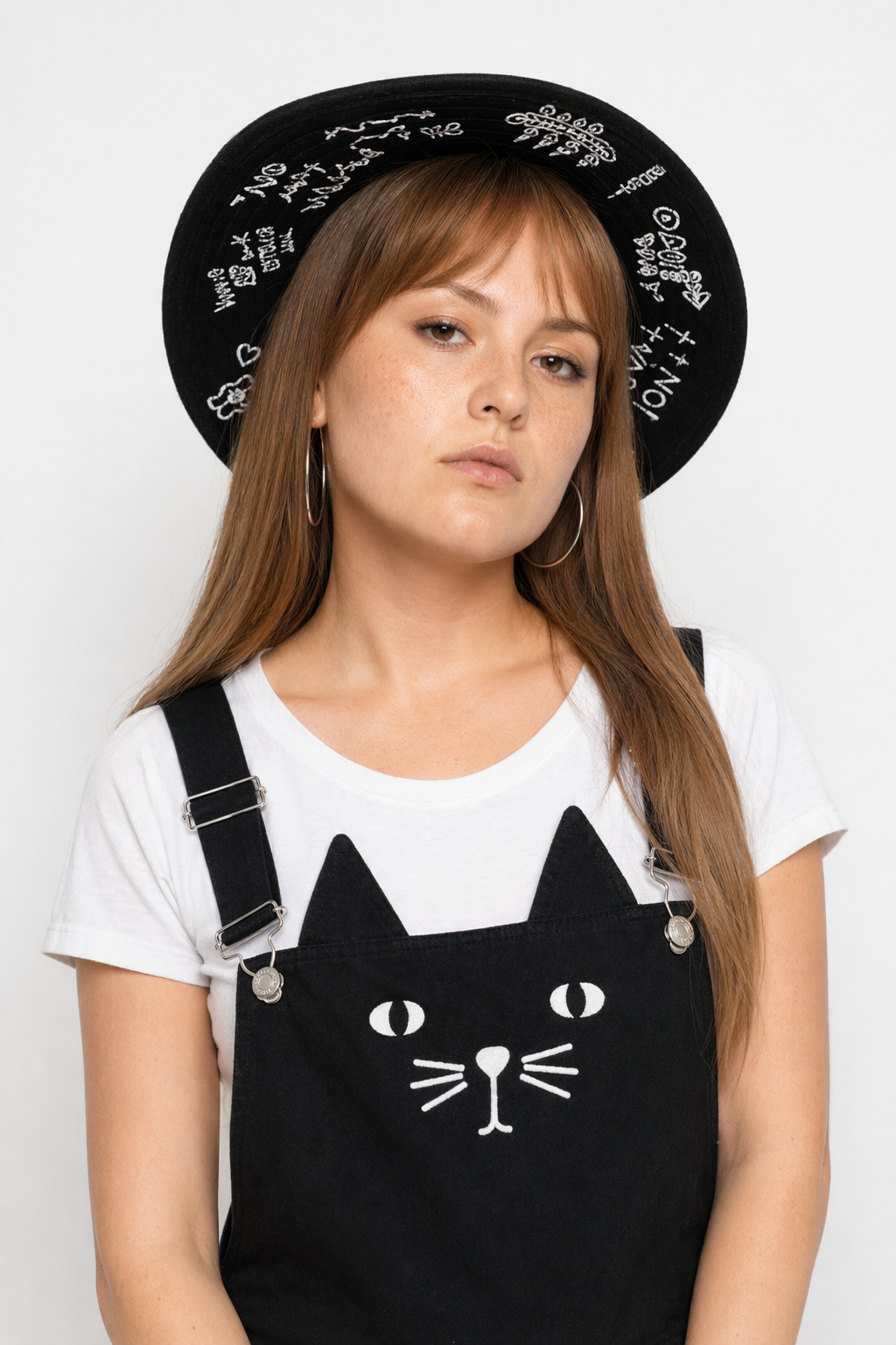 Adorable Black Jean Romper with Neko Cat Face Design XL