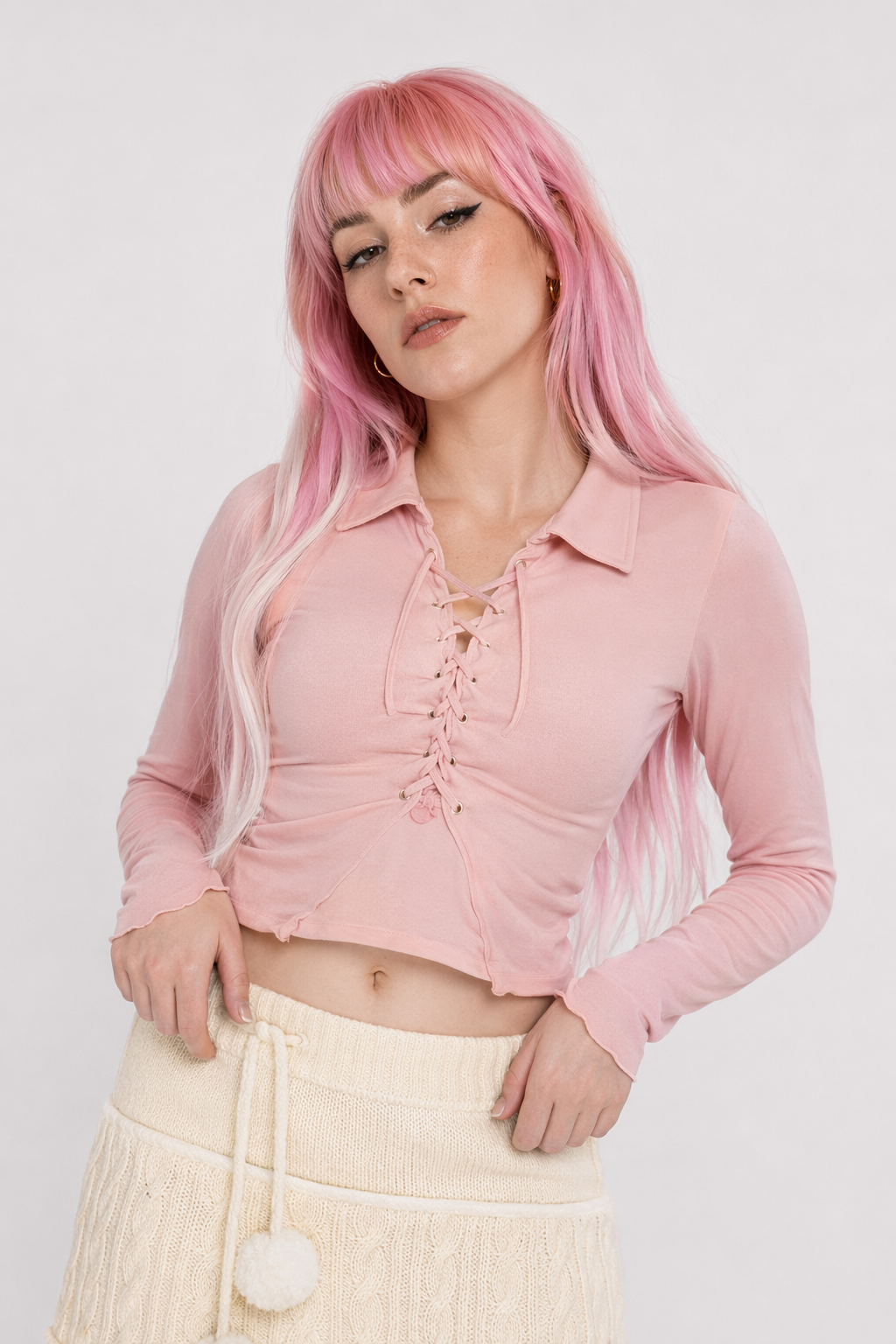 Knit Beige Pompom Skirt for Angelcore and Fairycore Styles M