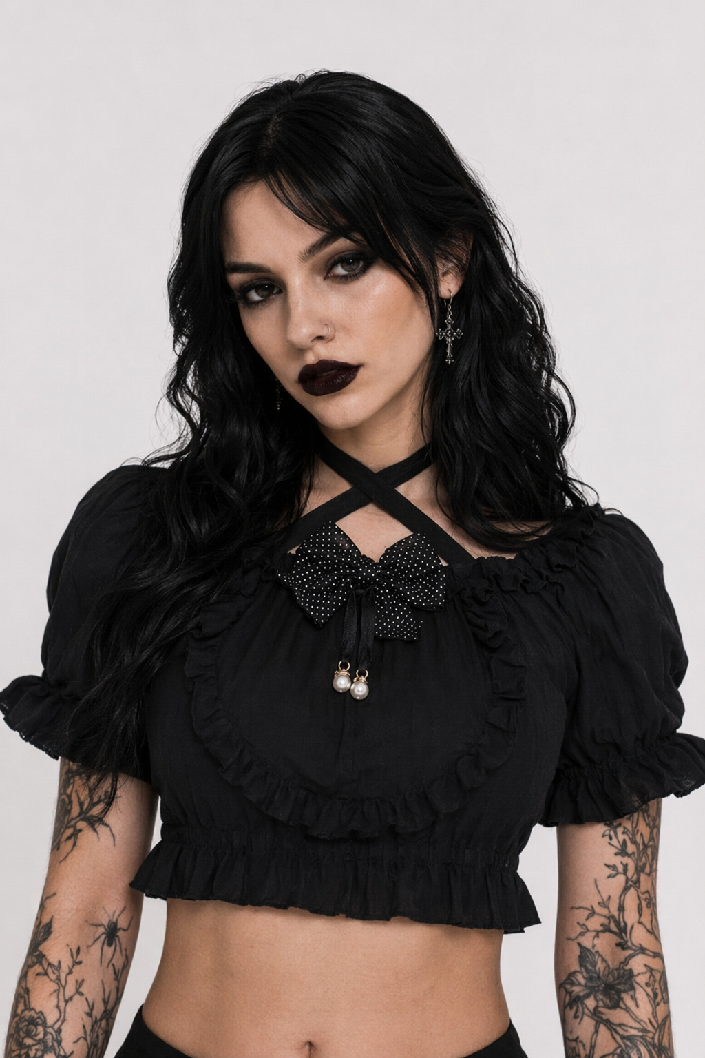 Victorian Era Regal Bow Cropped Blouse with Elegant Details Black Blouse