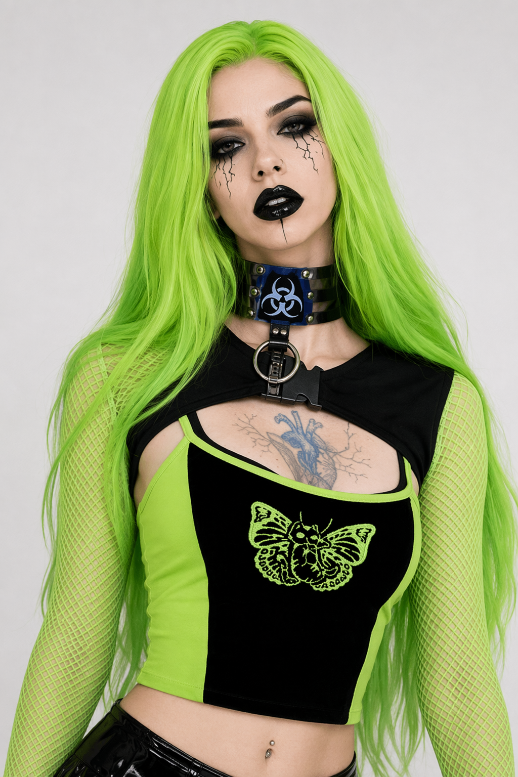 Neon Green Butterfly Crop Top with Mesh Long Sleeves L